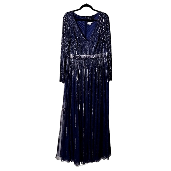 MAC DUGGAL Sequined V-Neck Illusion Sleeve A-Line Gown Blue Dress Womens size 14 - Picture 7 of 8